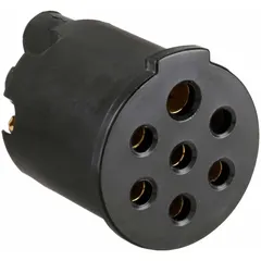 This plastic 7-way replacement interior is designed for use in heavy-duty truck and trailer electrical connectors. It restores connectivity for lighting, brakes, and auxiliary circuits in towing systems. Compatible with models 593022 and 593024.