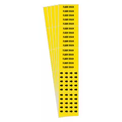 Yellow adhesive pipe markers with black legend text reading 'Floor Drain' and arrows. Each marker fits pipe outer diameters of 3/4 inch and smaller. Pack includes 3 markers. Used to identify floor drain pipes in industrial and commercial facilities for maintenance and safety purposes.
