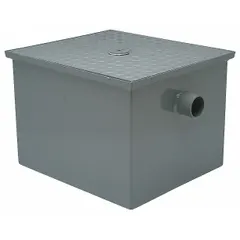 Steel grease interceptor with a flow rate of 20 gpm. Includes a flow diffusing baffle. Overall width 17 1/4 in, depth 15 in. Used in commercial kitchens and food service facilities to capture fats, oils, and grease from wastewater.