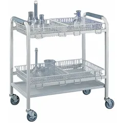 Steel lab cart basket in white finish. Overall width 18 inches, overall height 4 inches. Designed for transporting glassware and lab equipment within laboratory environments.