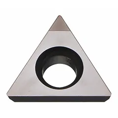 This triangle (T) indexable turning insert is made of CBN (cubic boron nitride) grade material. It is used for hard turning of ferrous materials such as hardened steels and cast irons in precision machining operations. The insert provides high wear resistance and thermal stability for finishing cuts.