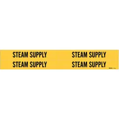 Yellow adhesive pipe marker with black legend reading 'Steam Supply'. Fits pipe outer diameters from 3/4 to 2-3/8 inches. Pack of 4 markers without arrows. Used for identifying steam supply lines in industrial piping systems.
