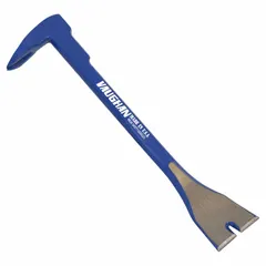 Wrecking bar with an 8 in overall length, 7/16 in bar width, and 1 5/16 in end width. Features two nail slots for pulling nails and separating materials. Used for prying and light to medium-duty demolition tasks.