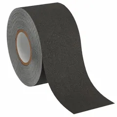 Solid black rubber tape, 2 in x 60 ft, 45 mil thick, with pressure-sensitive adhesive. Provides slip resistance on wet, barefoot surfaces without abrasive texture. Chemical-resistant and meets ADA specifications. Suitable for indoor and outdoor wet environments such as pool decks, locker rooms, and showers.