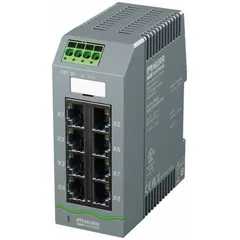 This DIN Rail-mount Ethernet switch provides 8 RJ45 ports with Gigabit (1000 Mbps) speed and auto-negotiation. It is rated IP20 and accepts a maximum input voltage of 30V DC. Typical applications include network segmentation and device connectivity in industrial automation environments.