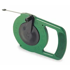 Steel fish tape with crank handle retraction, flat tape shape, and metal eyelet end. 25 ft length for pulling wires through conduit, walls, and ceilings. Tape retracts via crank mechanism.