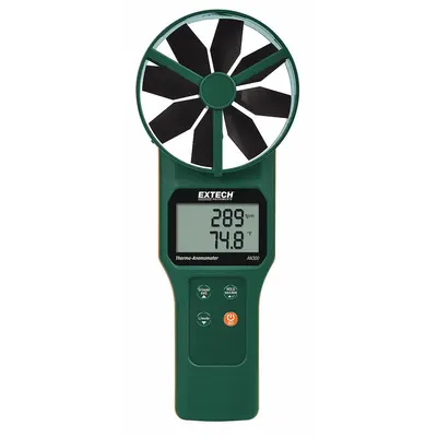 EXTECH Anemometer: 1 fpm Air Velocity Resolution, Rotating Vane, Air Flow/Air Velocity/Temp - Rotating Vane Air Velocity Meters