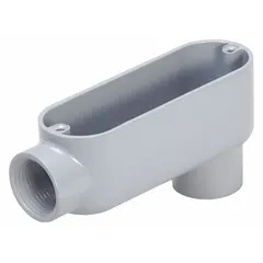 Aluminum LB body with powder-coated finish, 1 1/4 in trade size, and 30.8 cu in body capacity. Designed for use as a pull point or junction in rigid metal conduit (RMC) runs, allowing 90° direction changes in cable routing.