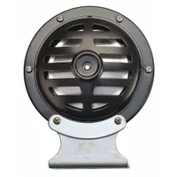 Electric-powered high tone horn for material handling equipment. Operates on 24-48V DC with a maximum sound level of 115 dBA. Painted black finish. Includes mounting bracket