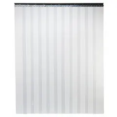 This strip door is designed for a 7 ft opening height and 3 3/8 ft opening width. It features 8 in wide clear PVC strips with 50% overlap and a press-on mounting method. Suitable for maintaining temperature separation in cold storage, freezers, and refrigerated areas while allowing passage of personnel and equipment.