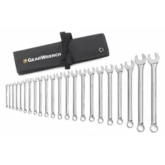 This 22-piece metric combination wrench set includes sizes from 6 mm to 32 mm. Each wrench features a 12-point opening for secure engagement on hex fasteners. The chrome finish provides corrosion resistance. Suitable for tightening and loosening metric bolts and nuts in automotive, industrial, and mechanical applications.