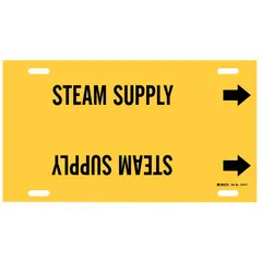 Strap-on pipe marker for identifying steam supply lines in industrial piping systems. Yellow background with black legend and directional arrows. Fits pipe outer diameters from 6 to 7-7/8 inches. Single marker included.