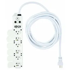 This healthcare power strip features 6 outlets, a 15 ft cord, and a 20 A current rating with a 5-20P plug. It is designed for screw-mount installation and complies with UL 1363A standards. The white finish suits medical environments requiring reliable power distribution.