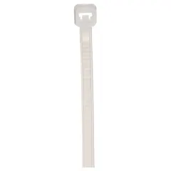 Natural nylon cable ties for indoor bundling and organizing wires, cables, and small components. Each tie has a 4-inch length, 0.1-inch width, and 1-inch maximum bundle diameter. Sold in packs of 1,000. Not rated for outdoor use.
