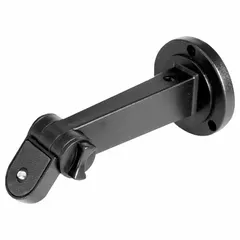 The SPECO TECHNOLOGIES CST125 is a black plastic wall-mount bracket for universal digital non-network CCTV cameras. It includes mounting hardware for installation. This bracket is used to secure cameras to walls in surveillance setups.