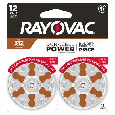 RAYOVAC 312 Hearing Aid Battery, Zinc Air, 1.4V, 185 mAh, 0.314 in Dia - Disposable Coin & Button Batteries