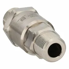 This nickel-plated C38500 brass rotating joint transfers air from a stationary supply line into rotating machinery. It has a single passage, a 3/8 in stationary port, and a maximum speed of 30 RPM. Typical applications include indexing tables, reels, and packaging equipment requiring a single air passage.