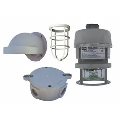 LED strobe light for Class III hazardous locations, such as those with combustible fibers. Operates on 12 to 80 V DC. Green lens. Wall mount design. Overall height 18 in, overall length 11 1/4 in.