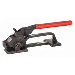 This manual, standard-duty feedwheel tool tensions steel strapping on flat seal surfaces. It is used in packaging and industrial bundling to secure loads during transport or storage. The tool weighs 5 lb and operates without external power.