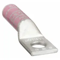 One-hole compression lug for terminating 1/0 AWG stranded copper wire. Features a 3/8 in stud size and long-barrel design. Suitable for use in electrical panels, switchgear, and power distribution systems