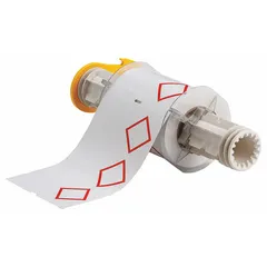 Red GHS/CLP 3B diamond precut label rolls, 4 3/32 in x 6 3/32 in, white vinyl with acrylic adhesive. No legend. Compatible with BBP85 printer series for on-demand chemical hazard labeling on containers, drums, or pipes.
