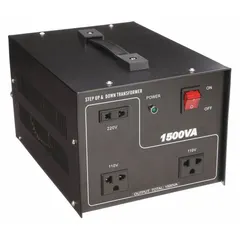Single-phase voltage converter for stepping up or down between 110V AC and 220V AC. Operates at 50/60 Hz with a 1.5 kVA power rating. Includes a circuit breaker for overload protection. Suitable for industrial applications requiring voltage conversion for equipment or machinery.