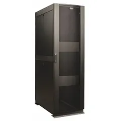 This 42-rack-unit floor-mount server rack enclosure is constructed from steel and includes a door. It is seismic certified for use in environments requiring structural resilience. Dimensions are 78 1/2 in x 23 5/8 in x 43 in. Suitable for housing servers, switches, and networking equipment in data centers and IT facilities.