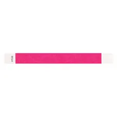 Disposable Tyvek wristband for temporary identification in access control, event management, and patient identification. Tamper-evident, one-size-fits-all design. Pink color for coding. No legend, suitable for custom marking. Pack of 500.