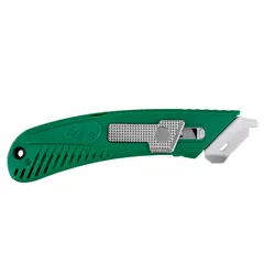This retracting utility knife features a steel blunt tip with a plain edge and a plastic handle in green. It has a 6-inch overall length and includes a blade guide for controlled cutting. The quick-change blade mechanism allows for fast blade replacement. Typical applications include cutting cardboard, tape, shrink wrap, and packaging materials.