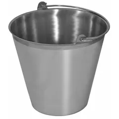 This 16-quart stainless steel pail is designed for sanitary handling in dairy and food processing environments. It has an overall height of 12 3/8 inches and an overall diameter of 13 inches. The pail is FDA compliant and NSF certified for food-contact surfaces.
