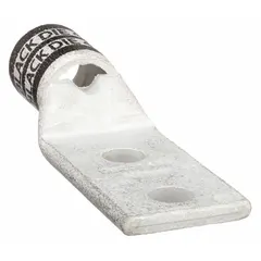 Two-hole compression lug for terminating 2/0 AWG stranded copper wire. Features a copper barrel and 1/2 in stud size. Includes an inspection hole for verifying conductor insertion. Used in power distribution and industrial electrical connections.