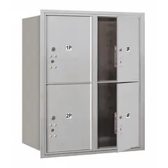This horizontal multi-unit mailbox features 4 lockable front doors and is designed for recessed mounting. With dimensions of 37 7/8 inches high by 31 1/8 inches wide by 16 1/2 inches deep, it provides secure mail distribution in apartment buildings, condominiums, or commercial offices.