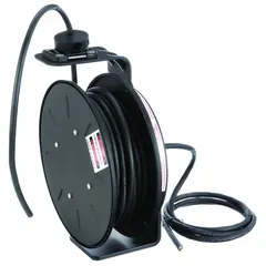Hardwired self-retracting cord reel with 25 ft of 12 AWG SJOW cable terminated in bare wire. Suitable for use in workshops, warehouses, and assembly lines where a retractable power source is needed.