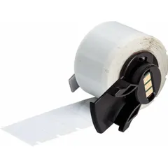 White gloss polyester precut label roll measuring 1 in x 1/2 in. Compatible with BMP61 printers. Rated for continuous use from -40°F to 356°F. Suitable for industrial identification and labeling in environments requiring high-temperature resistance.