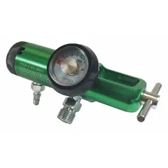 Brass medical oxygen regulator with DISS connection, designed to reduce cylinder pressure for controlled oxygen delivery. Measures 1 in W x 5 1/2 in H x 1 in D. Suitable for use in healthcare facilities for respiratory therapy.