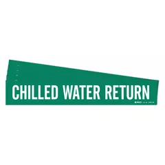 Green adhesive pipe marker with white legend reading 'Chilled Water Return'. Designed for pipes with outer diameter of 8 inches and larger. Pack of 5. No directional arrows. Used to identify chilled water return lines in HVAC and industrial piping systems.