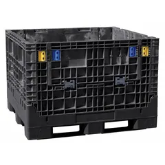 Rectangular collapsible bulk container with solid walls and two drop doors. Stacking capable with 4-way fork entry. Stationary unit, lid not included. Suitable for storing and transporting bulk materials in industrial and warehouse environments.
