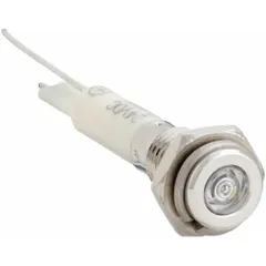 This LED indicator pilot light features a white LED and a flush head design for low-profile mounting in control panels and industrial enclosures. It requires a 6 mm panel mounting hole and connects via a lead for soldering. Suitable for signaling equipment status in machinery and automation systems.