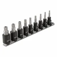This 9-piece impact bit socket set features fixed-insert tamper-resistant triple square bits in sizes MT14 to MT18. Designed for use with impact tools, the 1/2 in drive and fixed-insert construction provide secure engagement for driving fasteners in automotive, machinery, and industrial maintenance applications