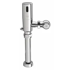 Battery-powered exposed piston flush valve for toilets. Provides 1.1 gallons per flush. Features a top spud location. Suitable for commercial restroom applications.
