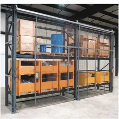 This wire mesh pallet rack enclosure kit consists of steel panels and five sliding doors, finished with a gray powder coating. It is designed to secure pallet rack storage areas in warehouses and industrial facilities, helping to prevent unauthorized access and contain falling debris. The kit includes all necessary hardware for installation.