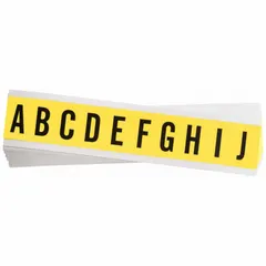 Indoor-only, non-reflective repositionable character set with 1-inch Gothic black letters on a yellow background. Includes 25 pieces covering A to Z. Suitable for labeling equipment, bins, or panels in industrial facilities where clear identification is needed.