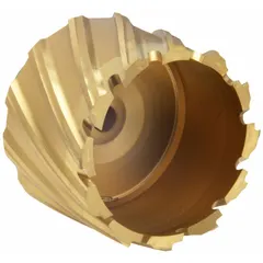 This high-speed steel annular cutter with TiN coating is designed for general cutting applications using compatible magnetic drilling machines. It features a 1 11/16 in cutter diameter and a 1 in maximum cutting depth, with a Weldon Flat shank for secure mounting. Suitable for creating clean holes in metal during structural steel work, fabrication, and construction.