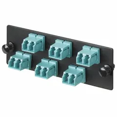 Multi-mode fiber optic adapter plate with 6 LC duplex ports, PC contact finish, and aqua color. Supports OM4 fiber for organized cable management in structured cabling environments.