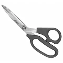 These offset plastic-handle scissors feature straight stainless steel blades with pointed tips and a black finish. With an 8-inch overall length, they are suited for cutting paper, fabric, tape, and other light materials in workshop, office, or craft settings.