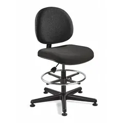 This armless drafting chair features an 18-inch wide black fabric seat and a black nylon frame. It is designed for use at drafting tables, workstations, and lab benches where mobility and a compact footprint are required.
