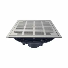 Cast iron promenade deck roof drain with bronze finish. Includes rotatable frame. Overall height 9 3/4 in, overall width 18 5/8 in. No hub connection type. Suitable for flat roof drainage on pedestrian decks, plazas, and terraces.