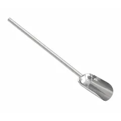 This stainless steel hand scoop is designed for sanitary handling of dry or semi-dry materials in food processing, pharmaceutical, and chemical environments. It measures 33 inches in overall length and 5 inches in overall width, with a silver finish.