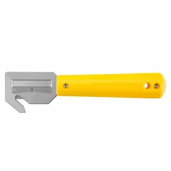 Single-hook safety cutter designed for cutting plastic or metal strapping in packaging and shipping applications. Features a 6-inch overall length, straight handle, and plain steel blade with a plain edge. Yellow handle provides visibility.