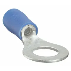 Blue vinyl-insulated ring terminal rated for 600 V. Designed for 1/4 in studs and accepts 16 AWG to 14 AWG wire. Provides a secure, insulated connection for electrical wiring in panels and control systems.